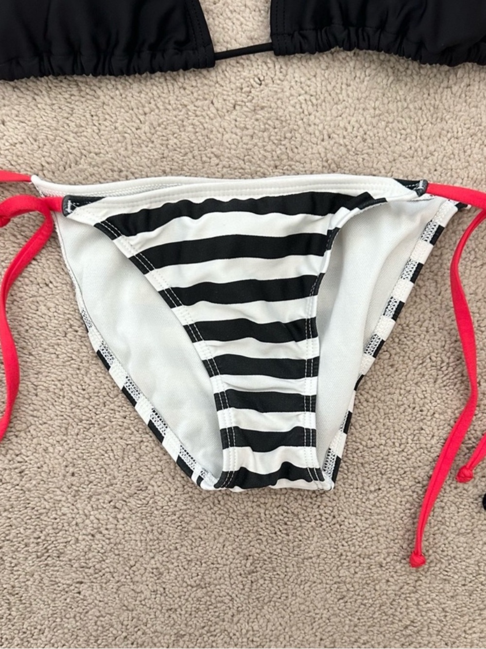 Rampage Black White Striped Cheeky Hipster Bikini Bottom With Red String Ties